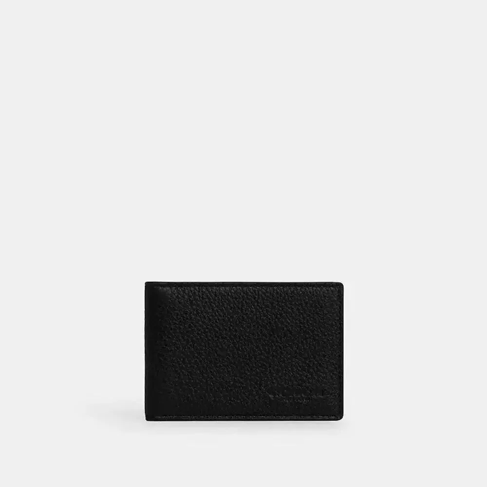 NWT Coach Compact Billfold Wallet Gunmetal/Black Refined pebble leather cm167